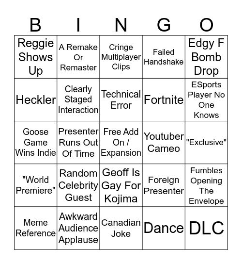 Game Awards 2019 Bingo Card