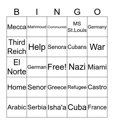 Refugee Bingo Card