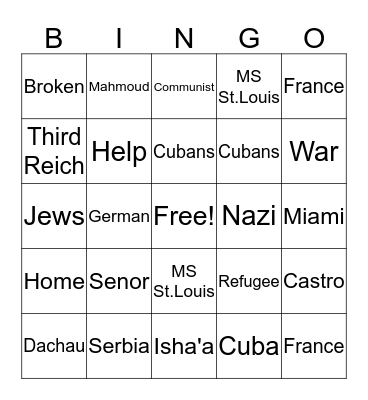 Refugee Bingo Card