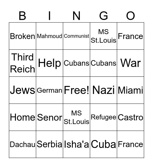 Refugee Bingo Card