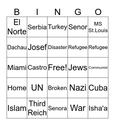 Refugee Bingo Card