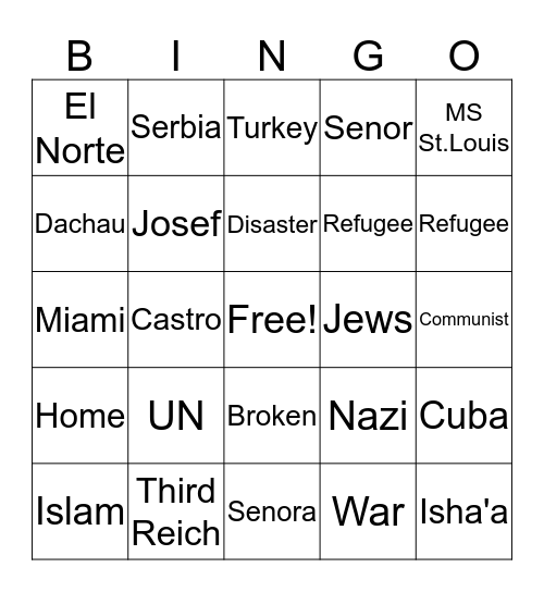 Refugee Bingo Card