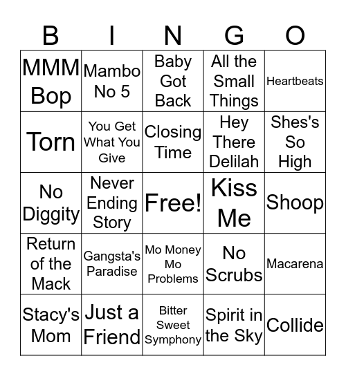 R.L. One Hit Wonders Bingo Card