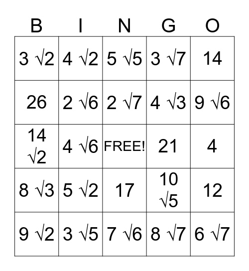 Rational Number Square Roots Bingo Card