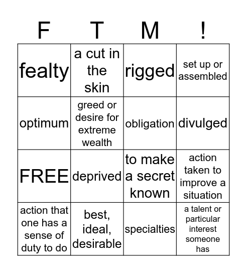 FTM Vocab ch. 9-16 Bingo Card