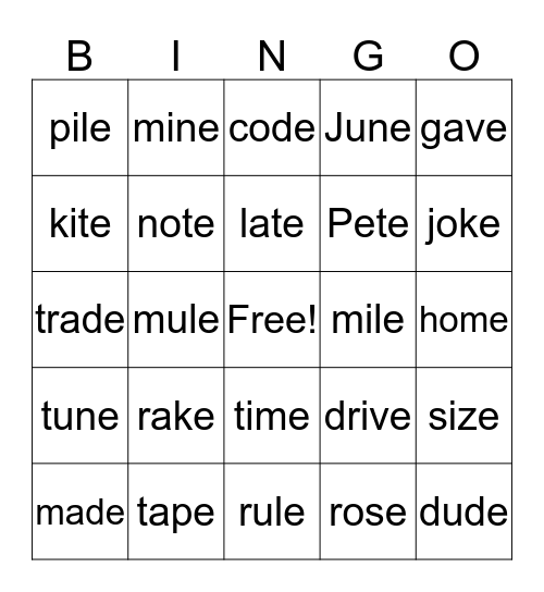 CVCe all vowels Bingo Card