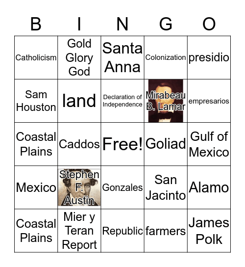 Texas History Fall Exam Review Bingo Card