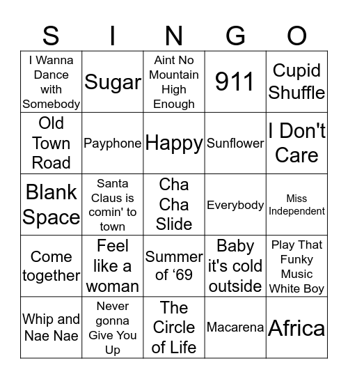 Singo! Bingo Card