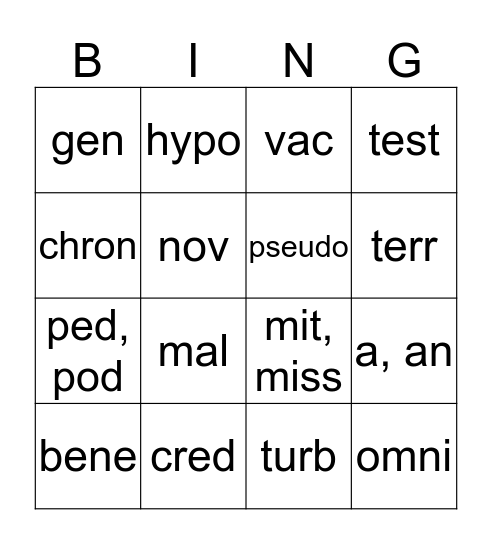 10A Root Words Bingo Card