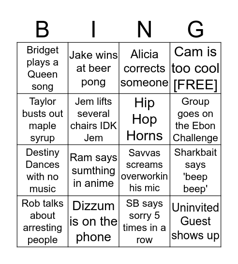 Trap Cabin Bingo Card