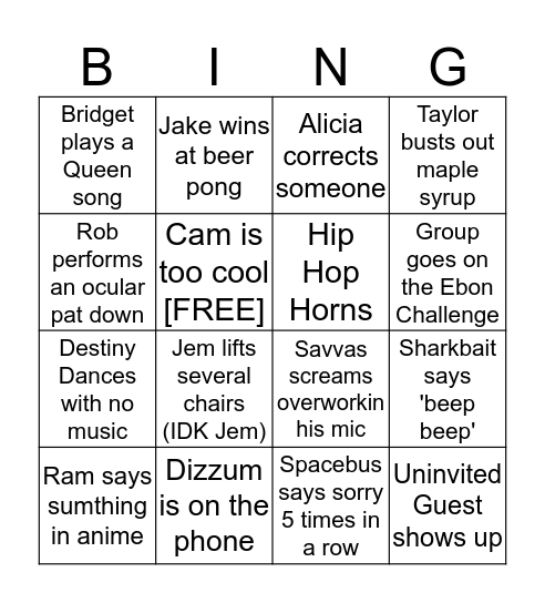 Trap Cabin Bingo Card