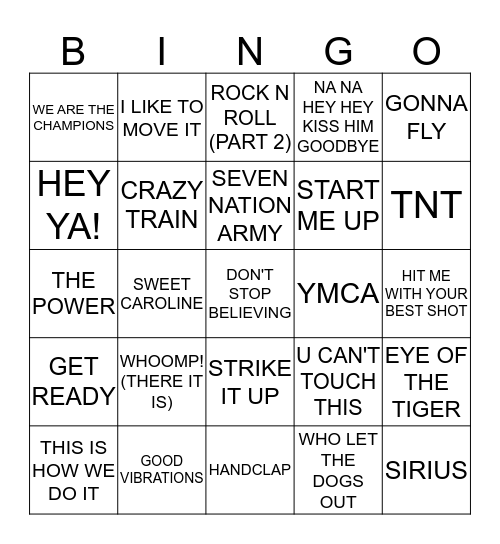 SPORTS ARENA SONGS Bingo Card