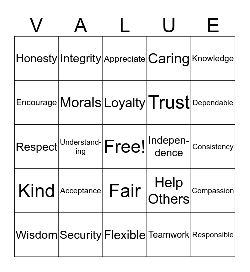 VALUE BINGO Card