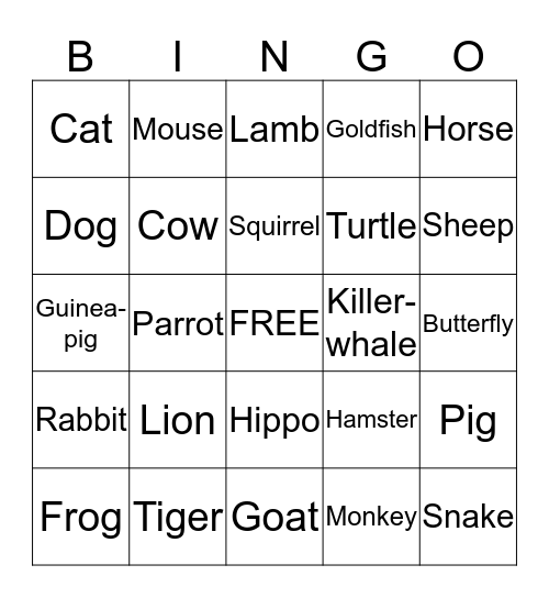 Animals Bingo Card