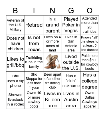 COWBOY/GIRL BINGO Card