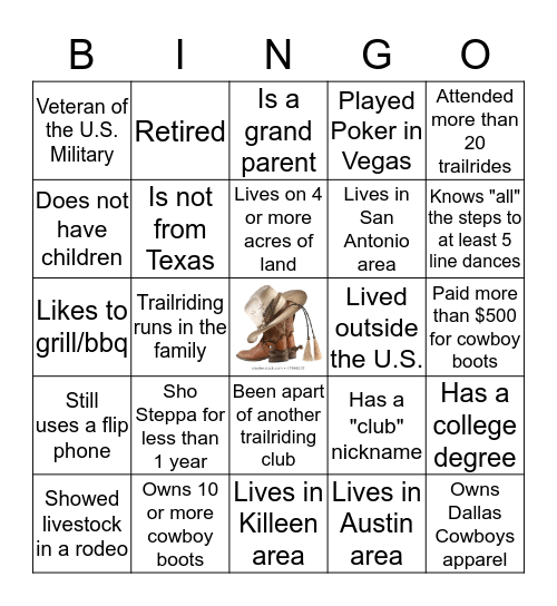 COWBOY/GIRL BINGO Card