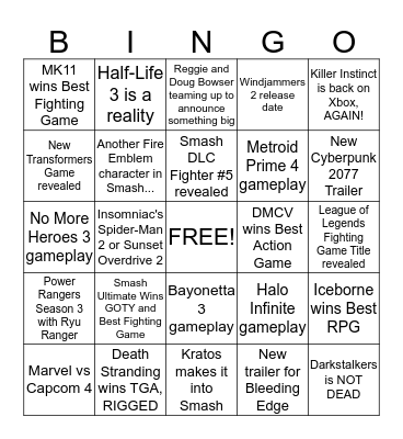 The Game Awards 2019 BINGO Card