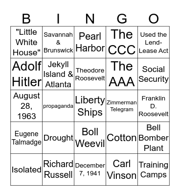 The 20th Century Bingo Card