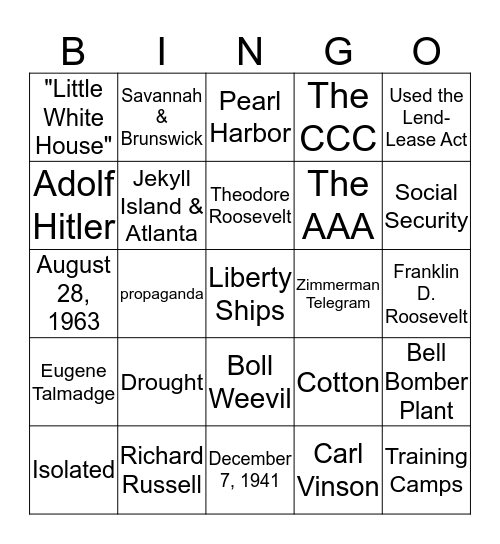 The 20th Century Bingo Card
