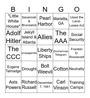 The 20th Century Bingo Card