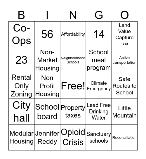 One City Bingo Card