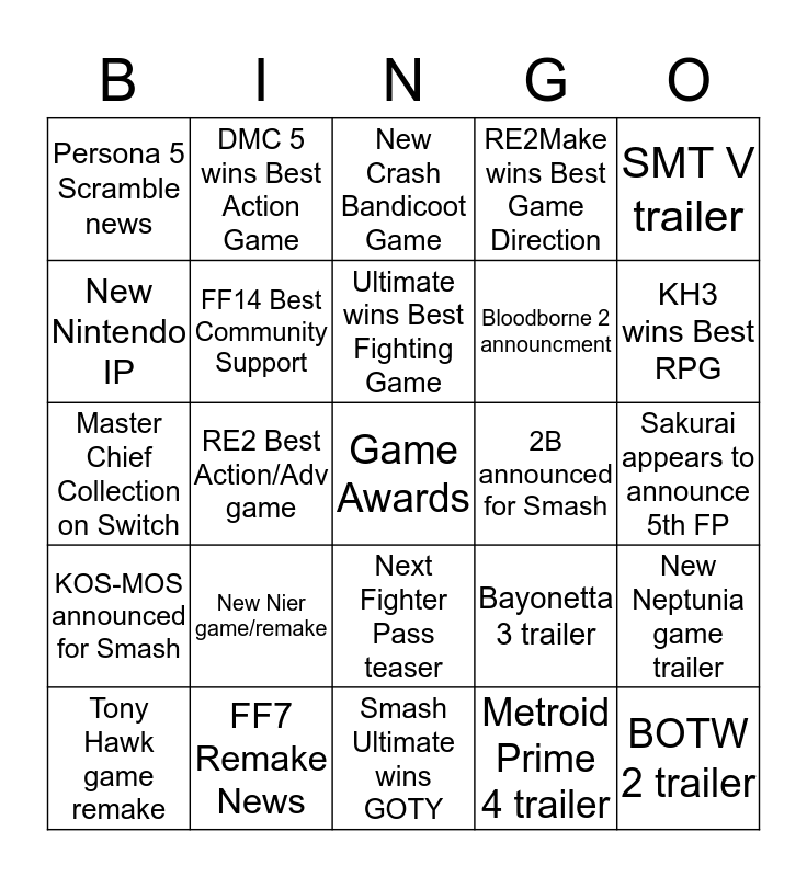 The Game Awards 2023 Bingo Card