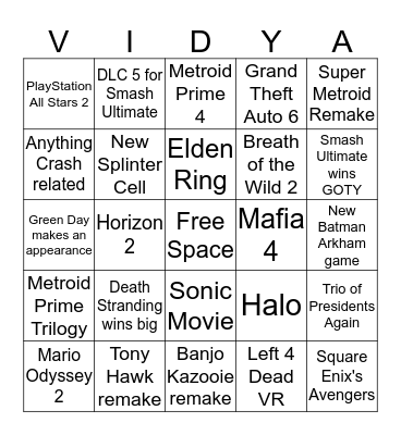 Game Awards 2019 Bingo Card