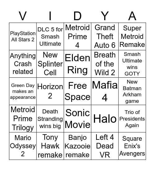 Game Awards 2019 Bingo Card