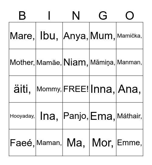 Happy Mother's Day Bingo Card