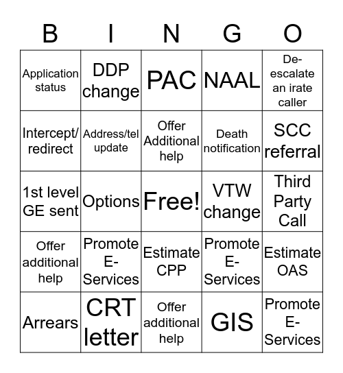 WPG PENSIONS CALL CENTRE Bingo Card