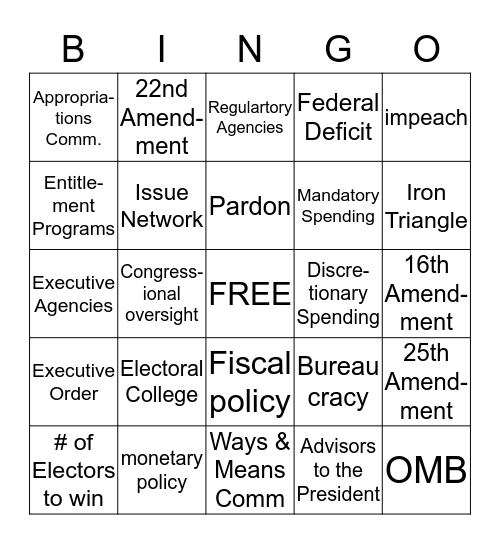 Executive and Bureaucracy Branch Bingo Card