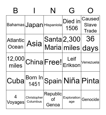 Christopher Columbus Bingo Card