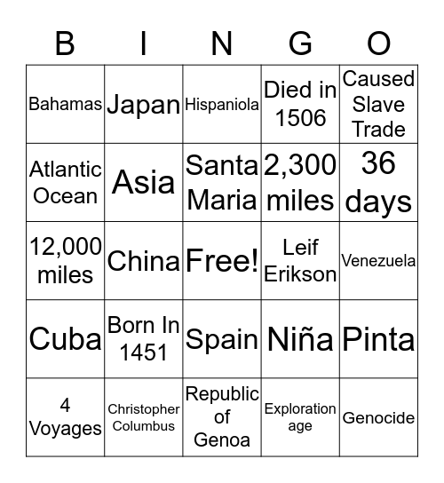 Christopher Columbus Bingo Card