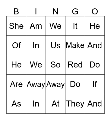 Sight words preparatory level Bingo Card