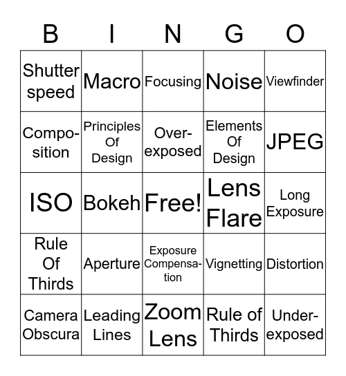 Photography Bingo Card