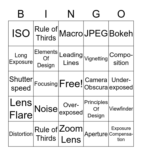 Photography Bingo Card