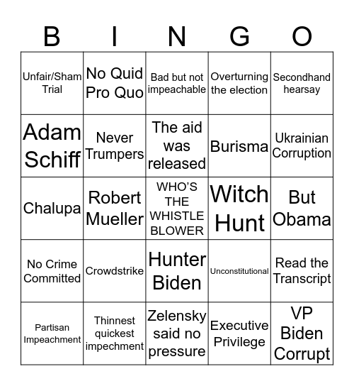 Republican Impeachment Talking Points Bingo Card