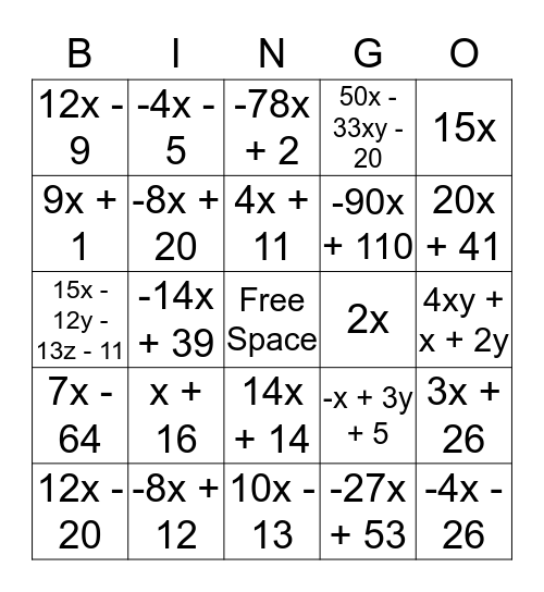 Combining Like Terms Bingo Card