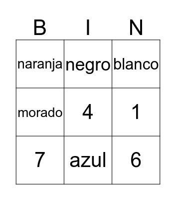 Numeros y colores Bingo Card