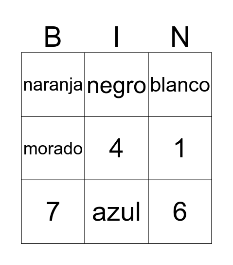 Numeros y colores Bingo Card