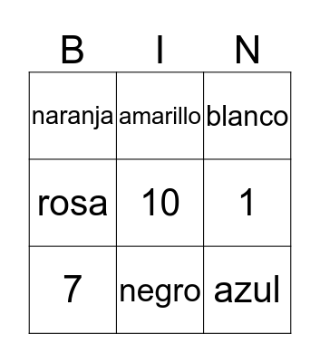 Numeros y colores Bingo Card