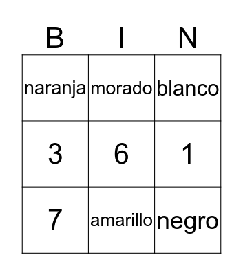 Numeros y colores Bingo Card