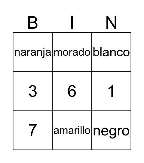 Numeros y colores Bingo Card