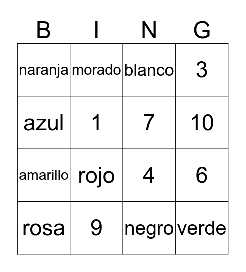 Numeros y colores Bingo Card