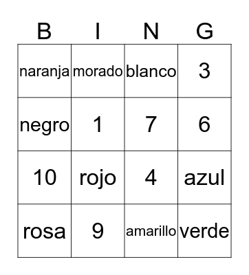 Numeros y colores Bingo Card