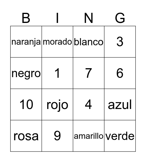 Numeros y colores Bingo Card
