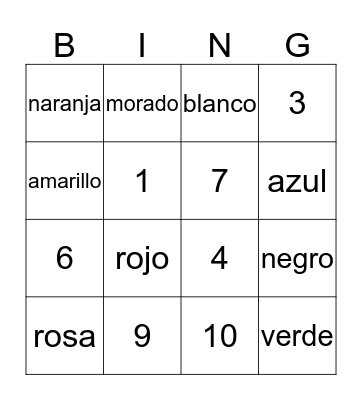 Numeros y colores Bingo Card