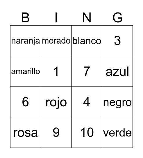 Numeros y colores Bingo Card
