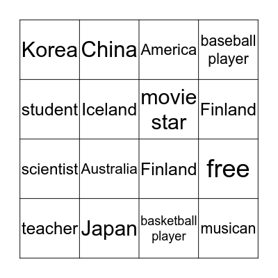 Countries and Jobs Bingo Card