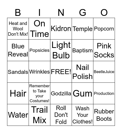 Passion Play Wardrobe Bingo Card